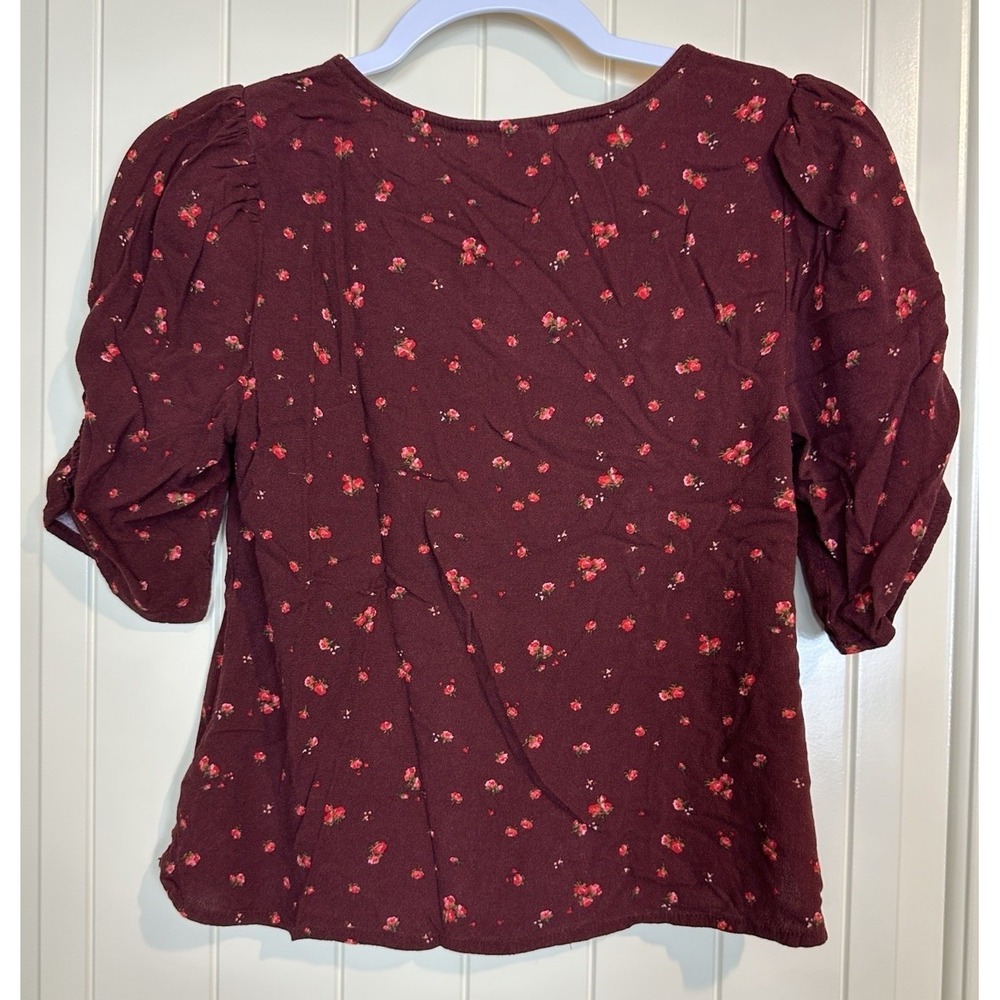 Old Navy Babydoll ruched rayon short sleeve burgundy floral blouse top sz XS - Picture 7 of 7